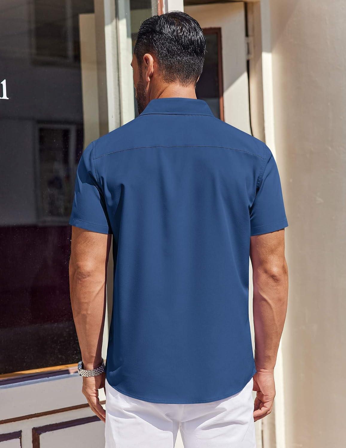 imageCOOFANDY Mens Short Sleeve Dress Shirts Button Down Shirts Regular Fit Business Casual Shirt with PocketNavy