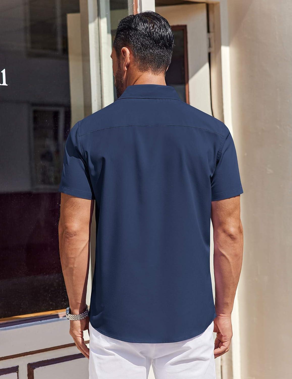 imageCOOFANDY Mens Short Sleeve Dress Shirts Button Down Shirts Regular Fit Business Casual Shirt with PocketNavy Blue