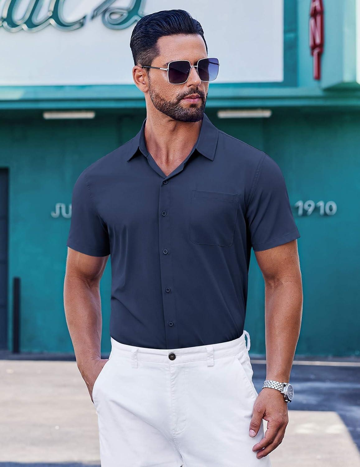 imageCOOFANDY Mens Short Sleeve Dress Shirts Button Down Shirts Regular Fit Business Casual Shirt with PocketNavy Blue