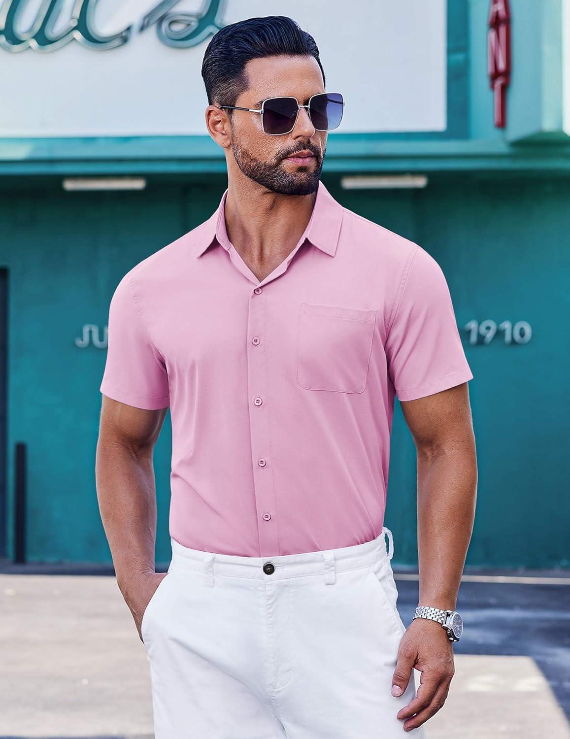 imageCOOFANDY Mens Short Sleeve Dress Shirts Button Down Shirts Regular Fit Business Casual Shirt with PocketPink