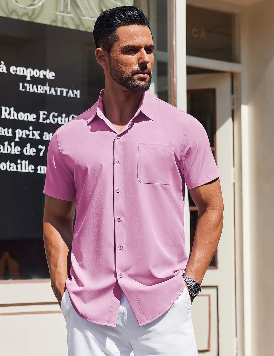 imageCOOFANDY Mens Short Sleeve Dress Shirts Button Down Shirts Regular Fit Business Casual Shirt with PocketPink