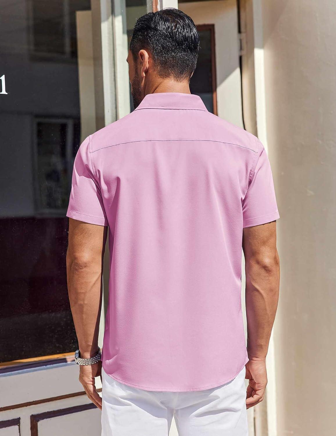 imageCOOFANDY Mens Short Sleeve Dress Shirts Button Down Shirts Regular Fit Business Casual Shirt with PocketPink