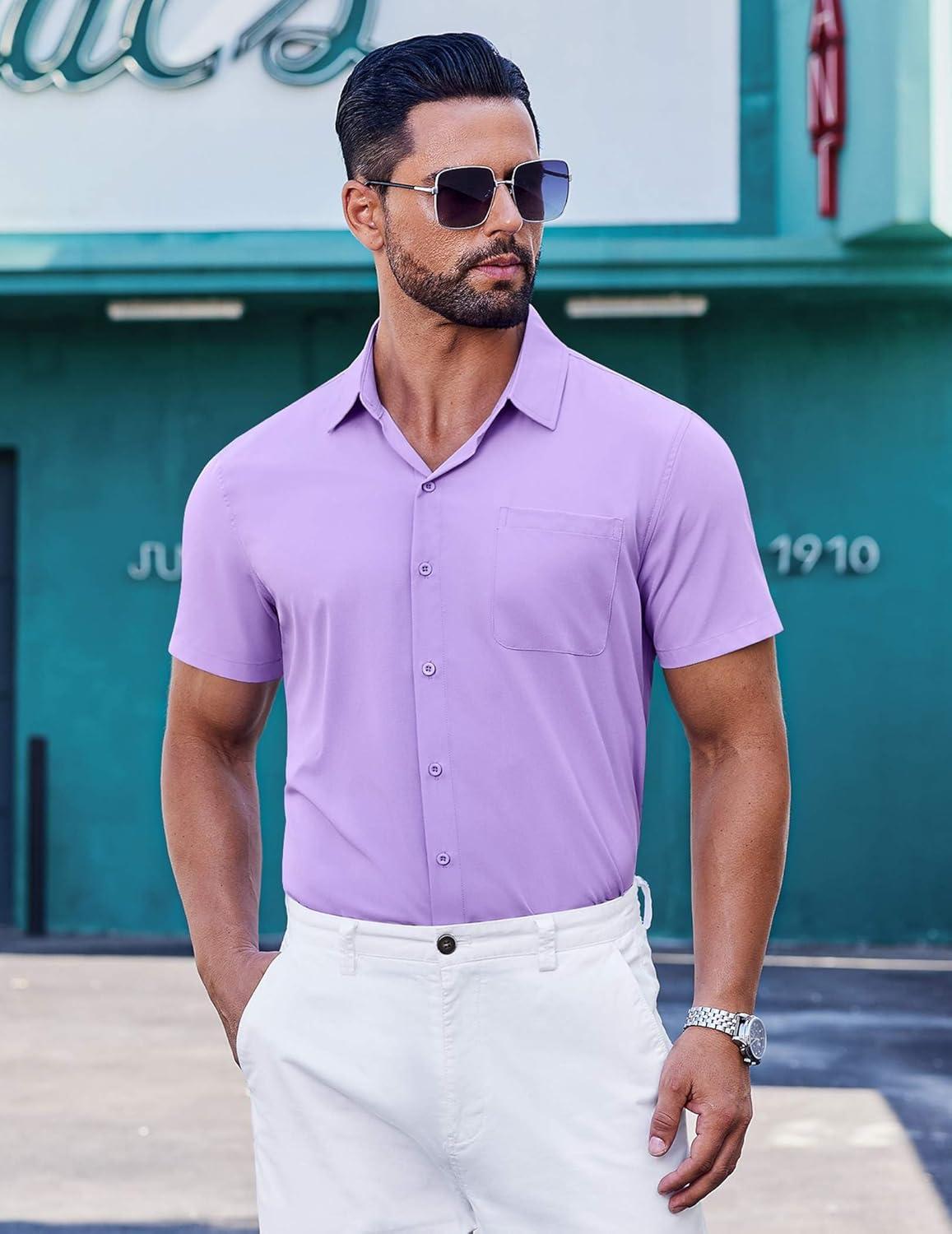 imageCOOFANDY Mens Short Sleeve Dress Shirts Button Down Shirts Regular Fit Business Casual Shirt with PocketPurple