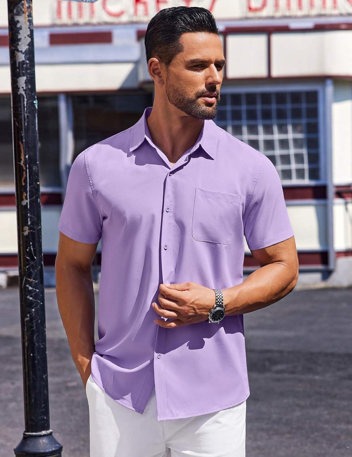 imageCOOFANDY Mens Short Sleeve Dress Shirts Button Down Shirts Regular Fit Business Casual Shirt with PocketPurple