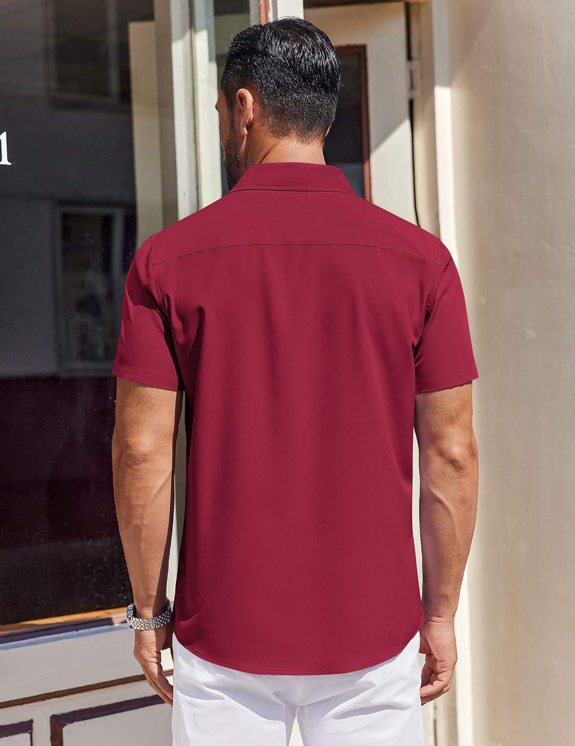 imageCOOFANDY Mens Short Sleeve Dress Shirts Button Down Shirts Regular Fit Business Casual Shirt with PocketWine Red