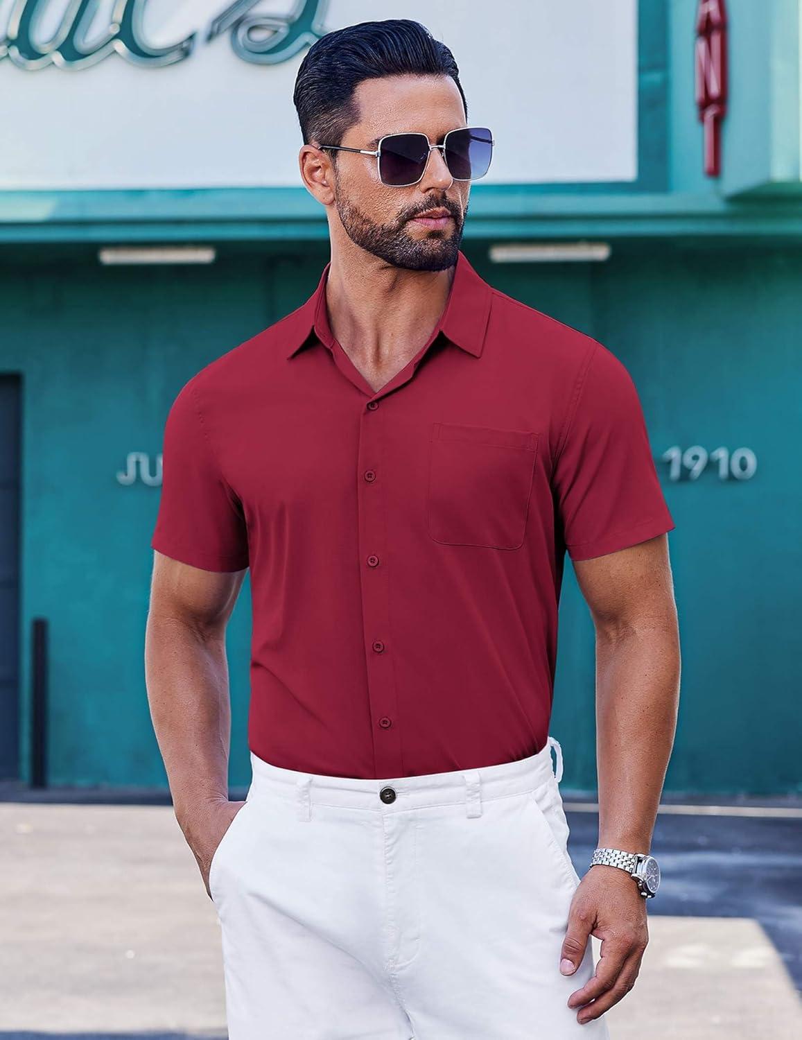 imageCOOFANDY Mens Short Sleeve Dress Shirts Button Down Shirts Regular Fit Business Casual Shirt with PocketWine Red