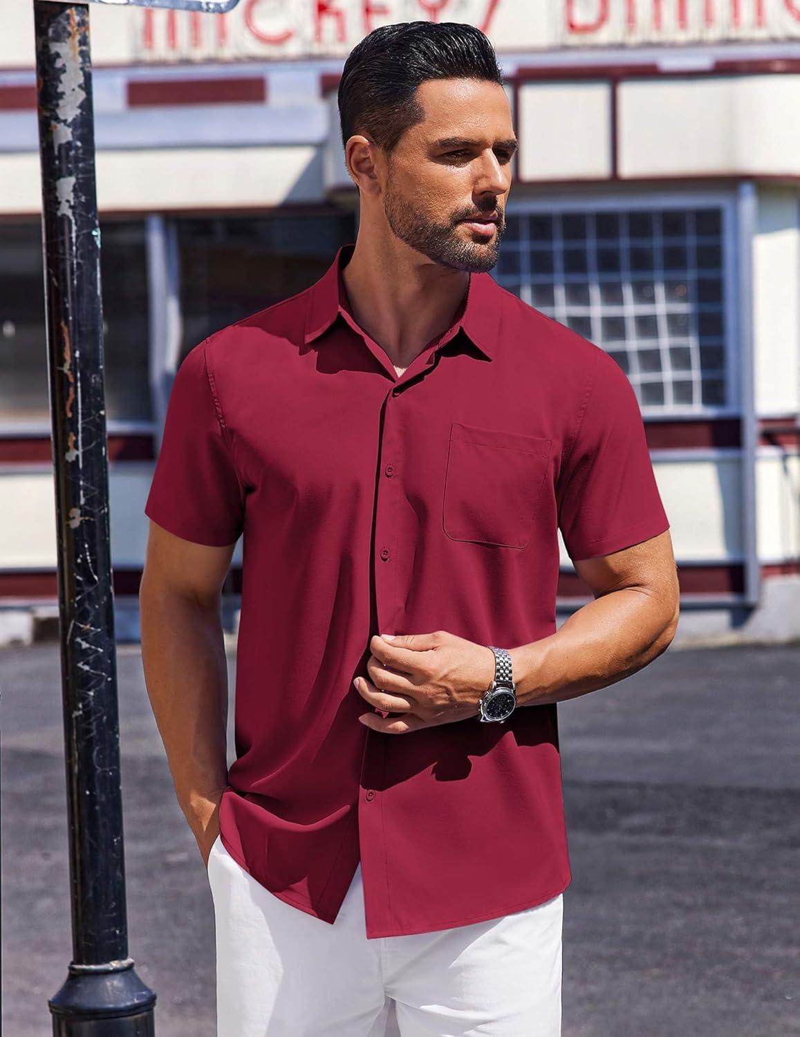 imageCOOFANDY Mens Short Sleeve Dress Shirts Button Down Shirts Regular Fit Business Casual Shirt with PocketWine Red