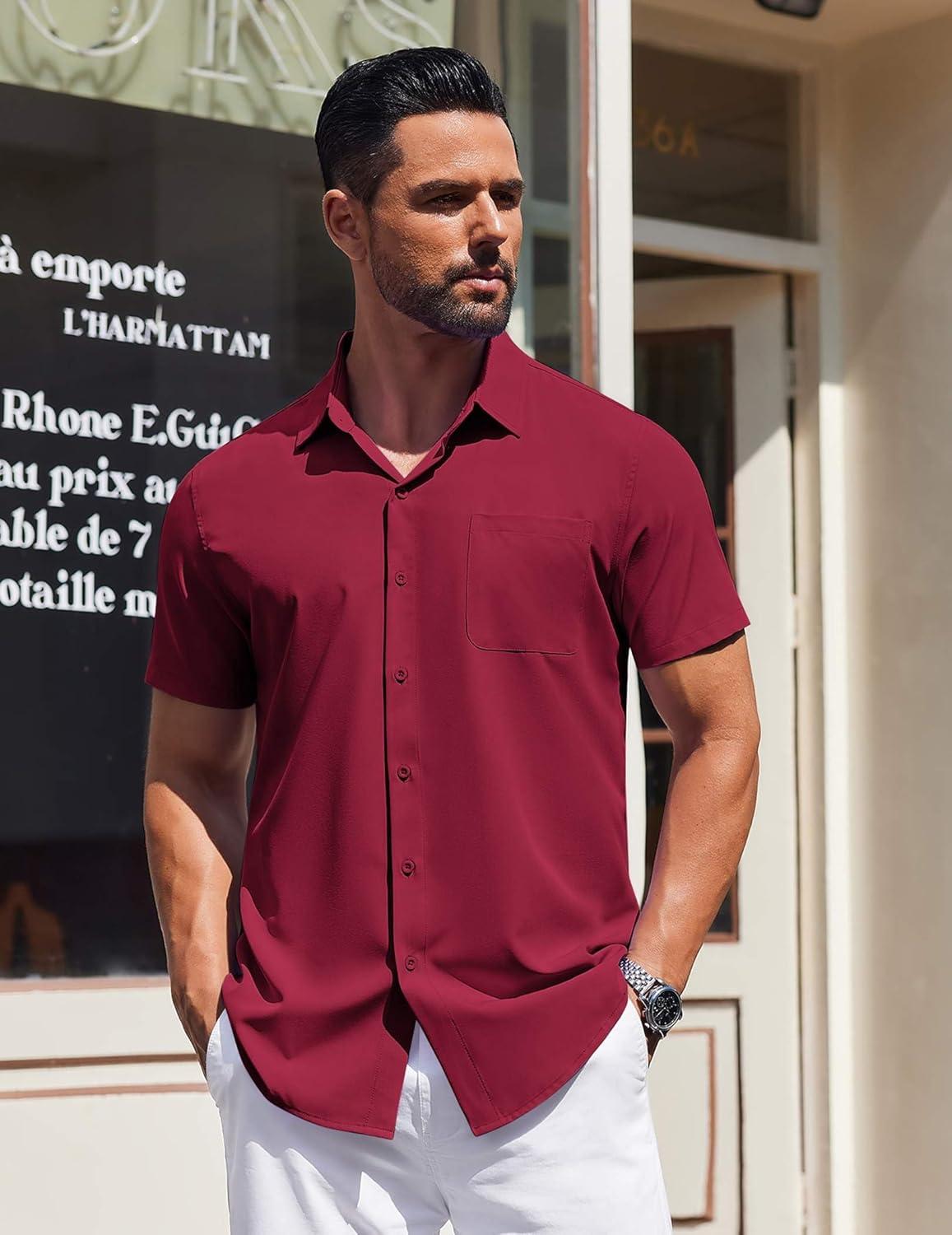 imageCOOFANDY Mens Short Sleeve Dress Shirts Button Down Shirts Regular Fit Business Casual Shirt with PocketWine Red