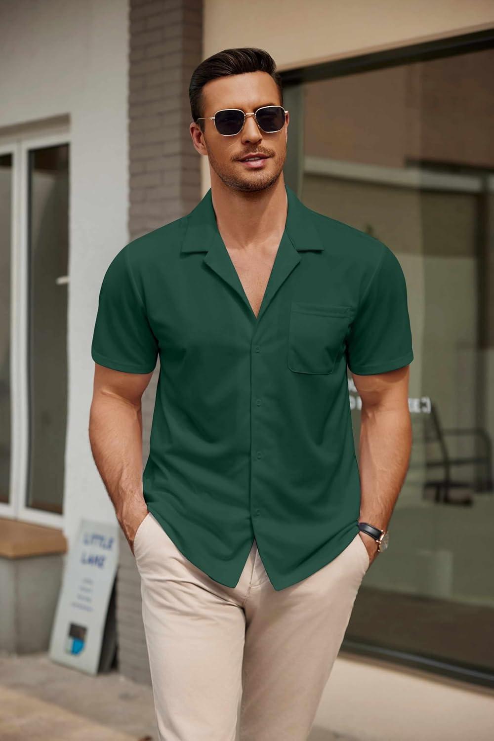 imageCOOFANDY Mens Short Sleeve Dress Shirts Button Down Untucked Wrinkle Free Shirts Casual Summer Shirt with PocketEvergreen