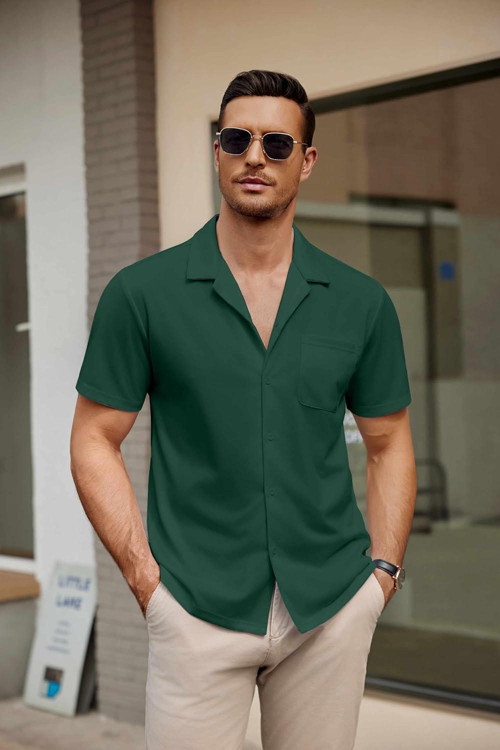 imageCOOFANDY Mens Short Sleeve Dress Shirts Button Down Untucked Wrinkle Free Shirts Casual Summer Shirt with PocketEvergreen