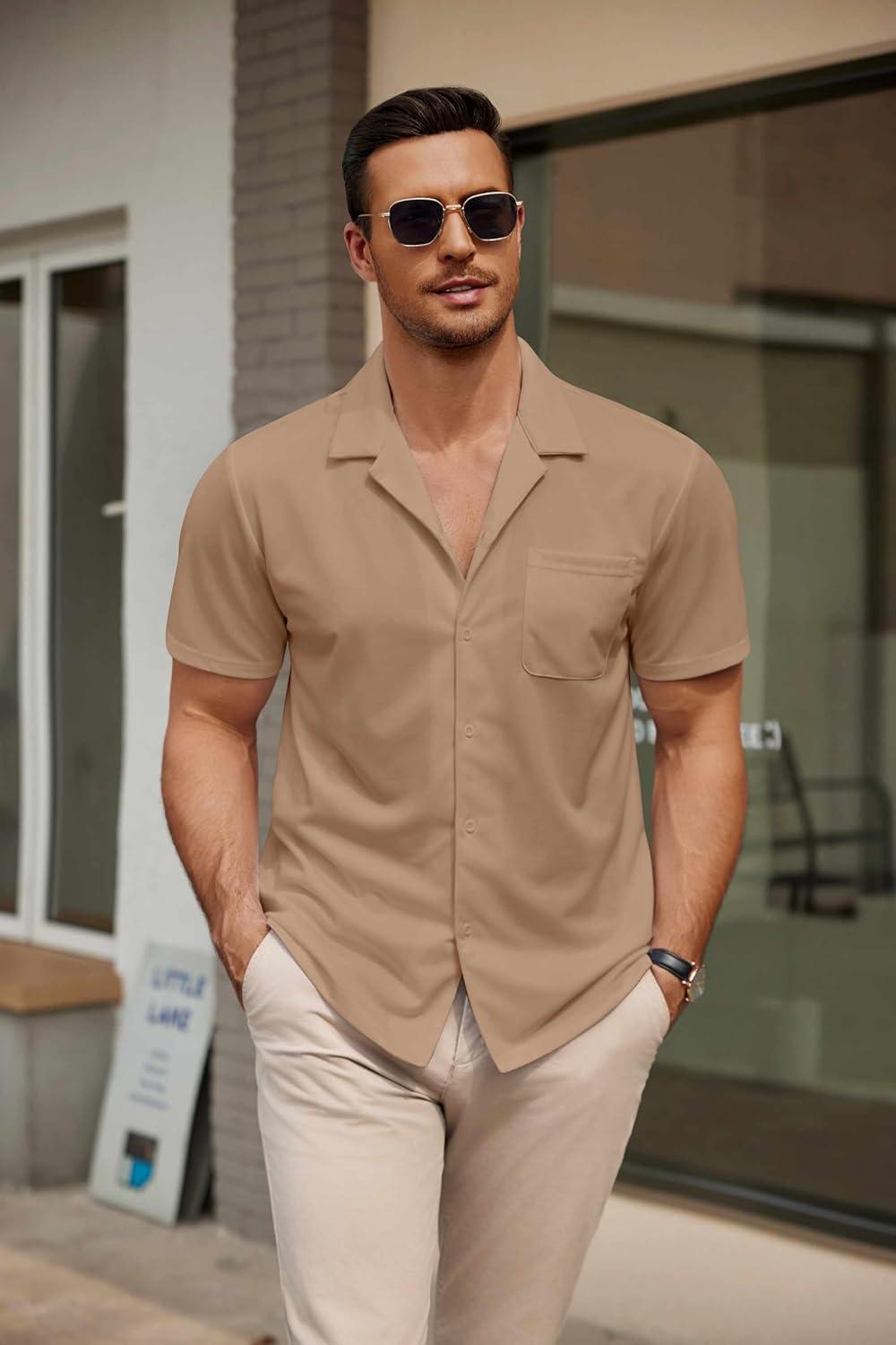 imageCOOFANDY Mens Short Sleeve Dress Shirts Button Down Untucked Wrinkle Free Shirts Casual Summer Shirt with PocketKhaki