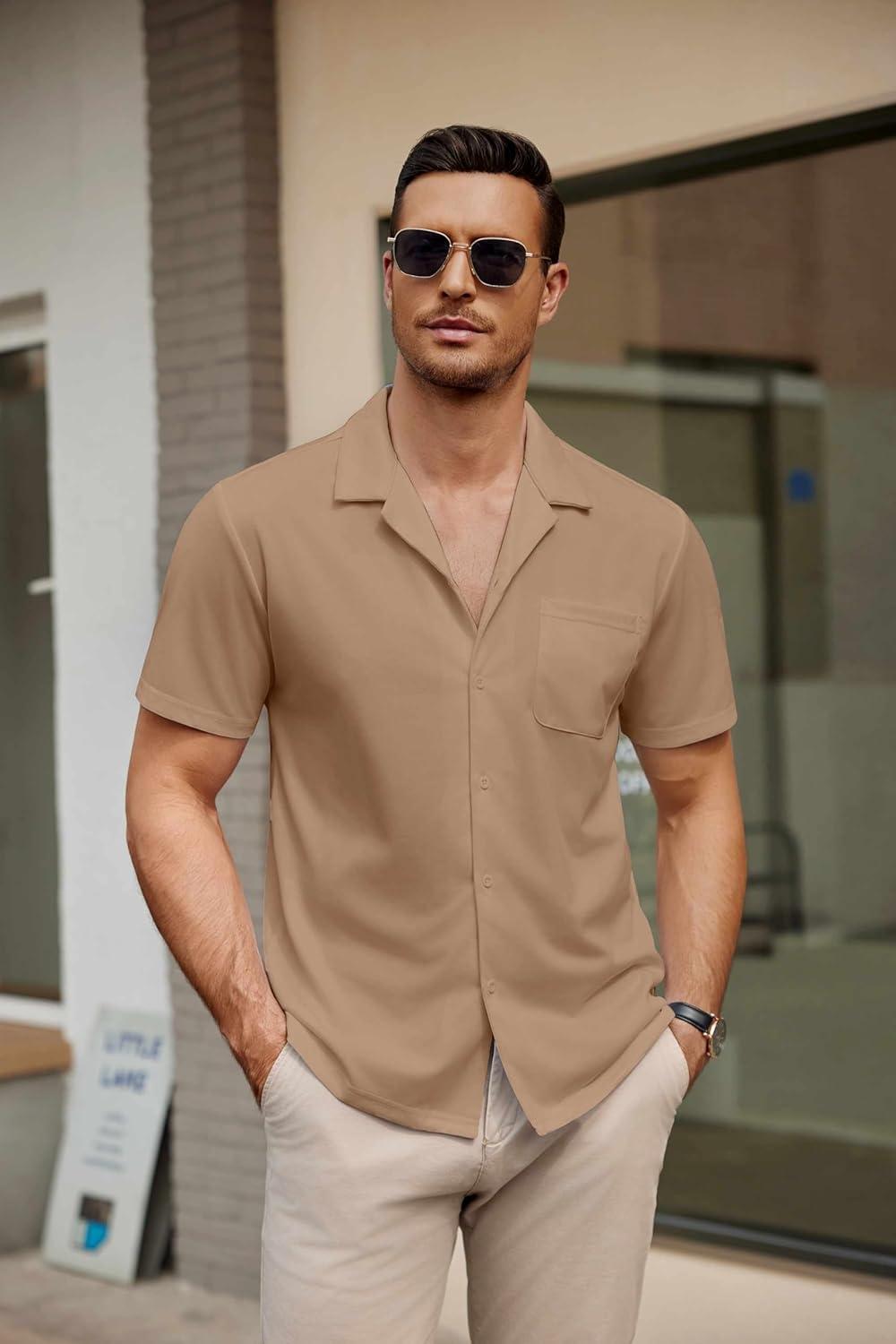 imageCOOFANDY Mens Short Sleeve Dress Shirts Button Down Untucked Wrinkle Free Shirts Casual Summer Shirt with PocketKhaki