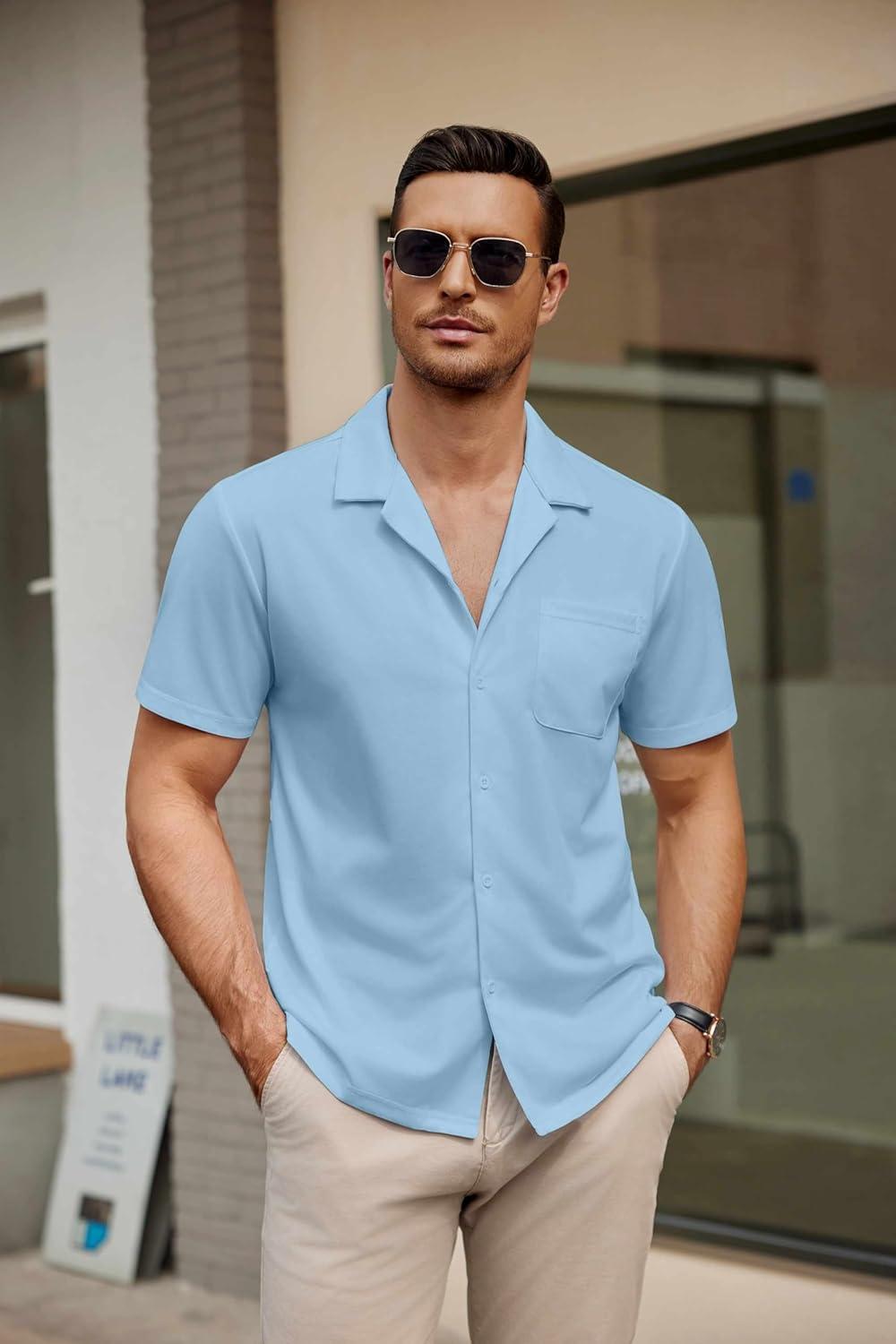 imageCOOFANDY Mens Short Sleeve Dress Shirts Button Down Untucked Wrinkle Free Shirts Casual Summer Shirt with PocketLight Blue