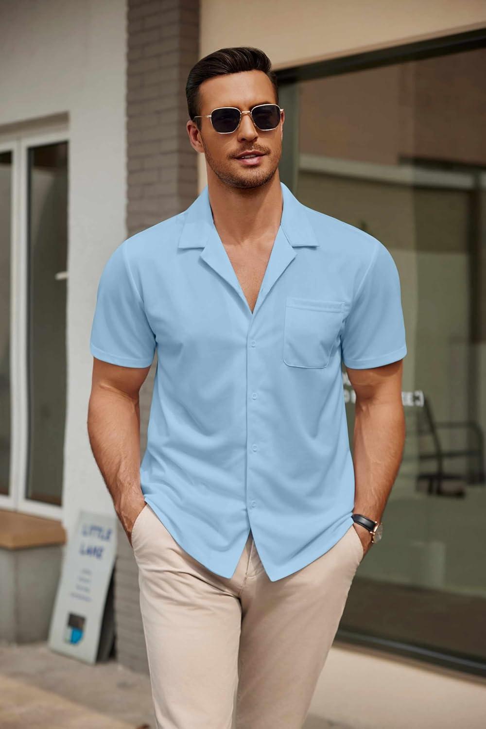 imageCOOFANDY Mens Short Sleeve Dress Shirts Button Down Untucked Wrinkle Free Shirts Casual Summer Shirt with PocketLight Blue