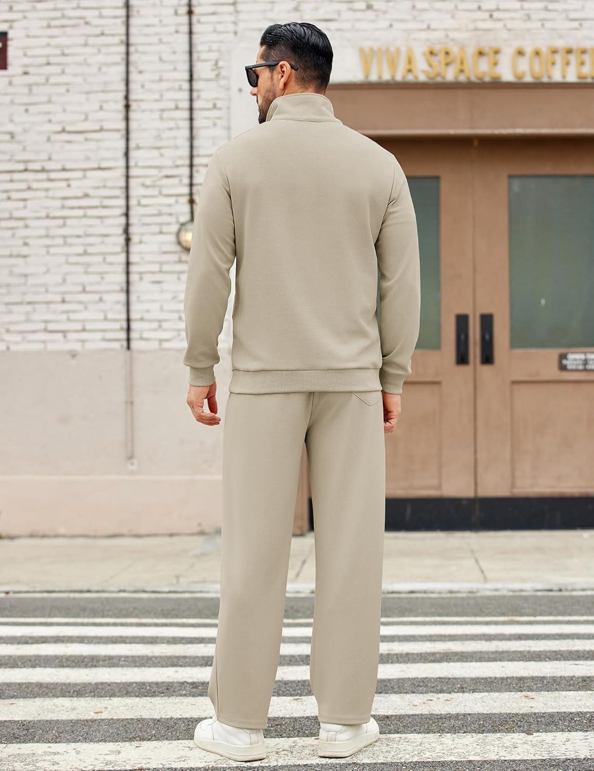 imageCOOFANDY Mens Sweatsuits 2 Piece Set Quarter Zip Pullover with Wide Leg Sweatpants Matching TracksuitBeige