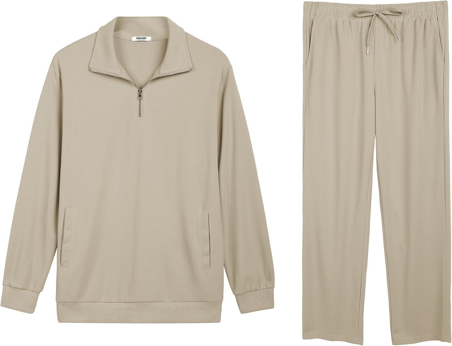 imageCOOFANDY Mens Sweatsuits 2 Piece Set Quarter Zip Pullover with Wide Leg Sweatpants Matching TracksuitBeige