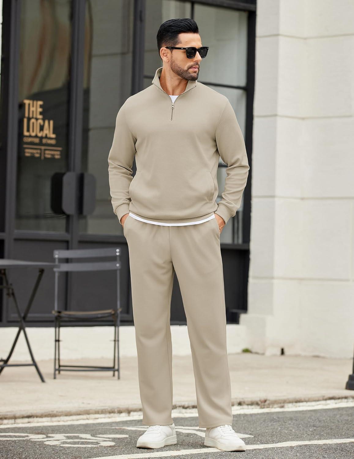 imageCOOFANDY Mens Sweatsuits 2 Piece Set Quarter Zip Pullover with Wide Leg Sweatpants Matching TracksuitBeige