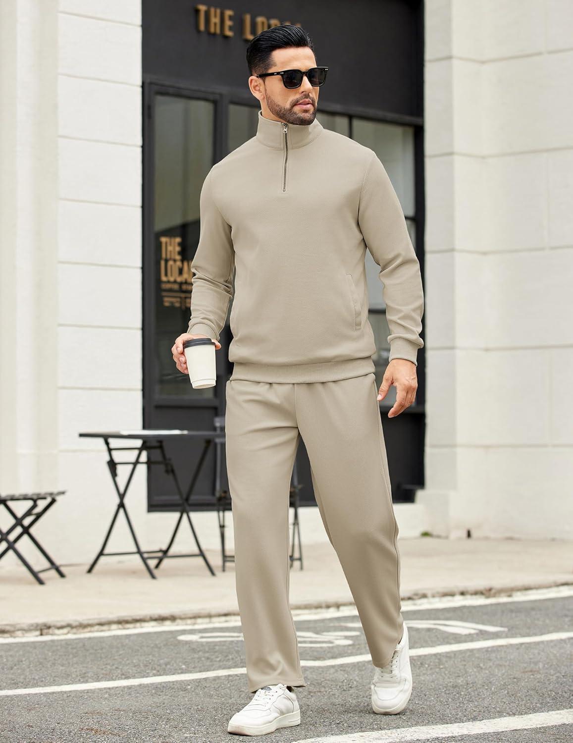 imageCOOFANDY Mens Sweatsuits 2 Piece Set Quarter Zip Pullover with Wide Leg Sweatpants Matching TracksuitBeige