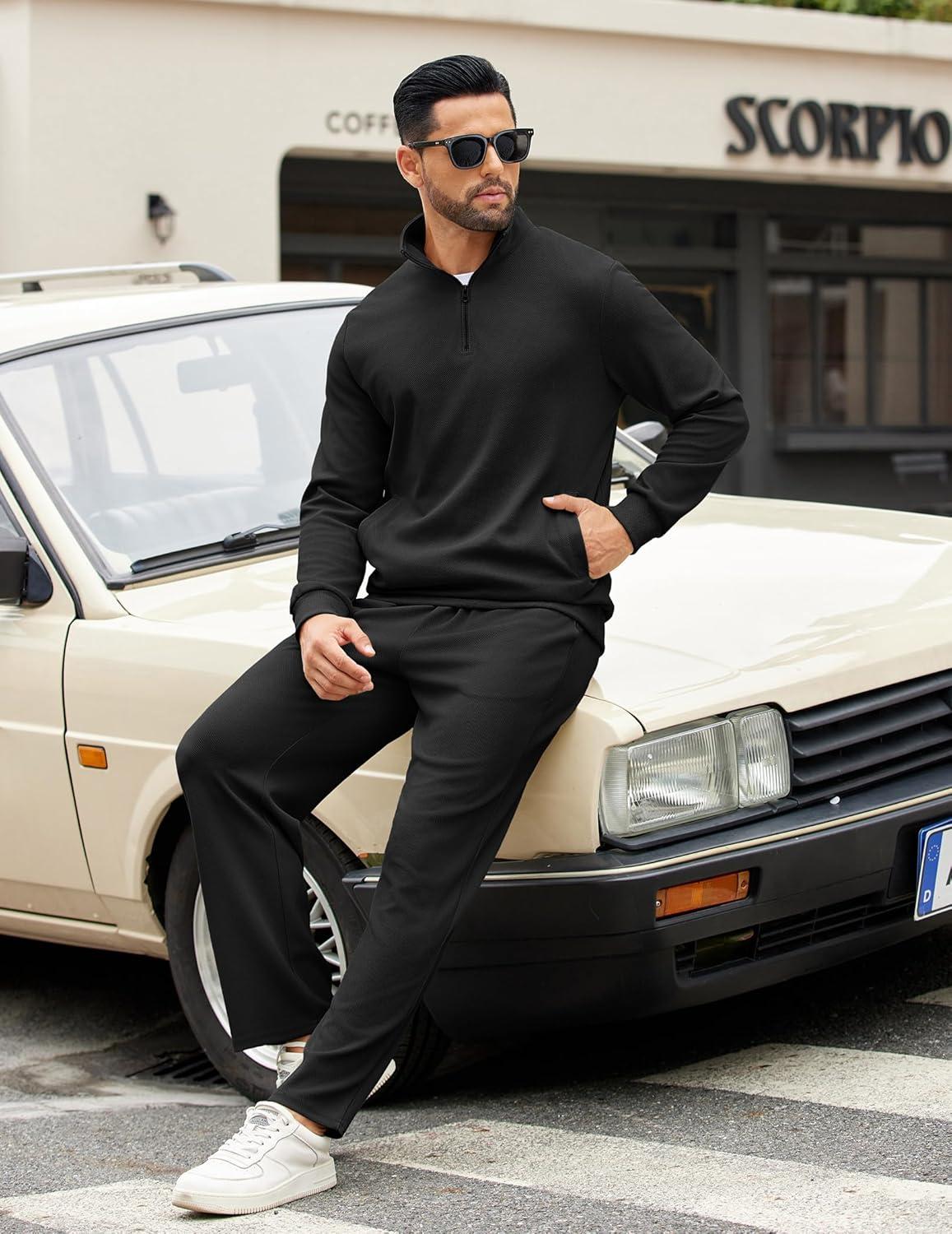 imageCOOFANDY Mens Sweatsuits 2 Piece Set Quarter Zip Pullover with Wide Leg Sweatpants Matching TracksuitBlack