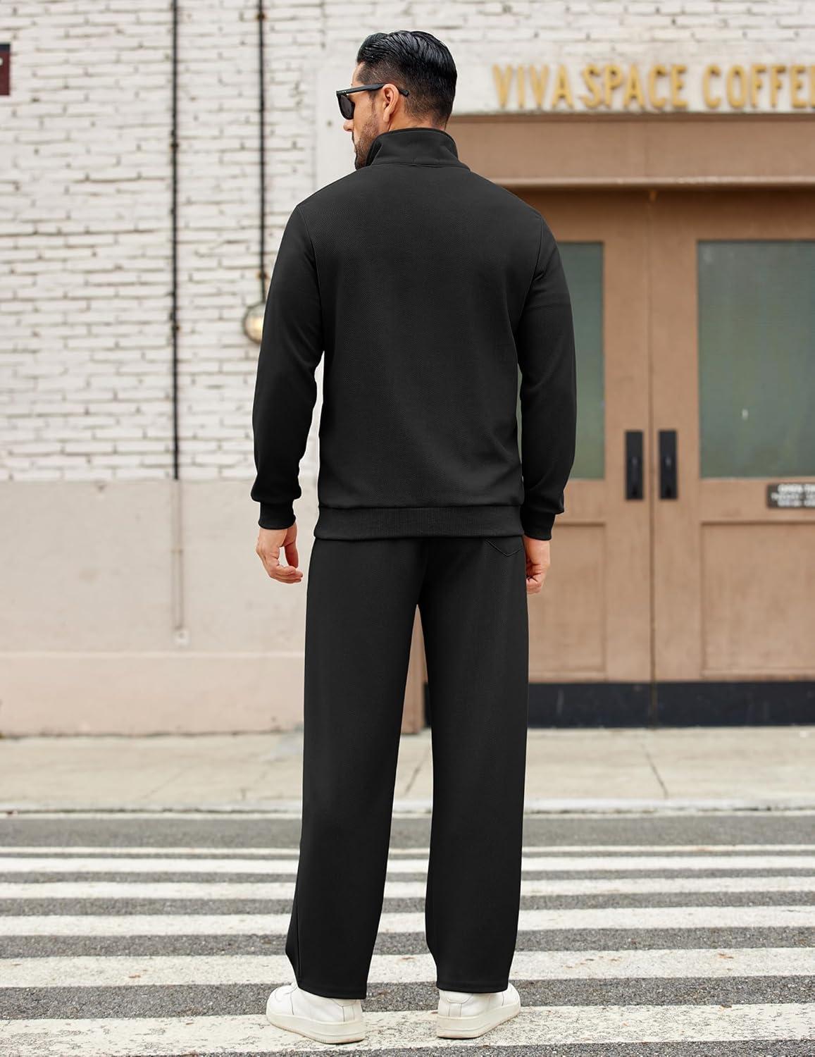 imageCOOFANDY Mens Sweatsuits 2 Piece Set Quarter Zip Pullover with Wide Leg Sweatpants Matching TracksuitBlack