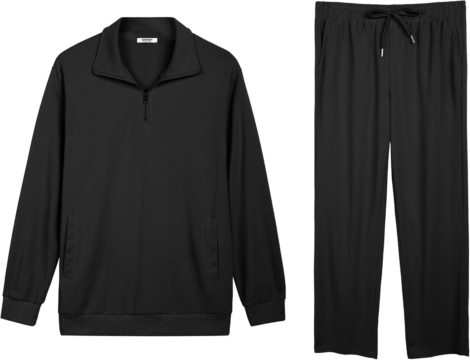 imageCOOFANDY Mens Sweatsuits 2 Piece Set Quarter Zip Pullover with Wide Leg Sweatpants Matching TracksuitBlack