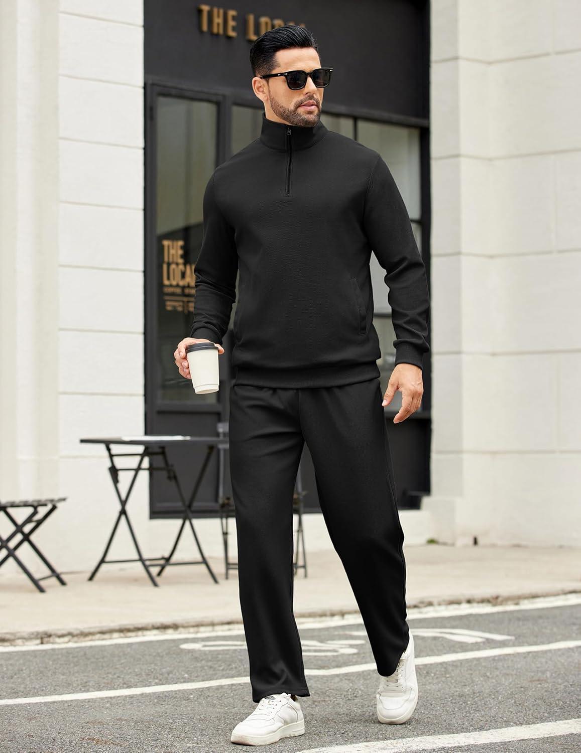 imageCOOFANDY Mens Sweatsuits 2 Piece Set Quarter Zip Pullover with Wide Leg Sweatpants Matching TracksuitBlack