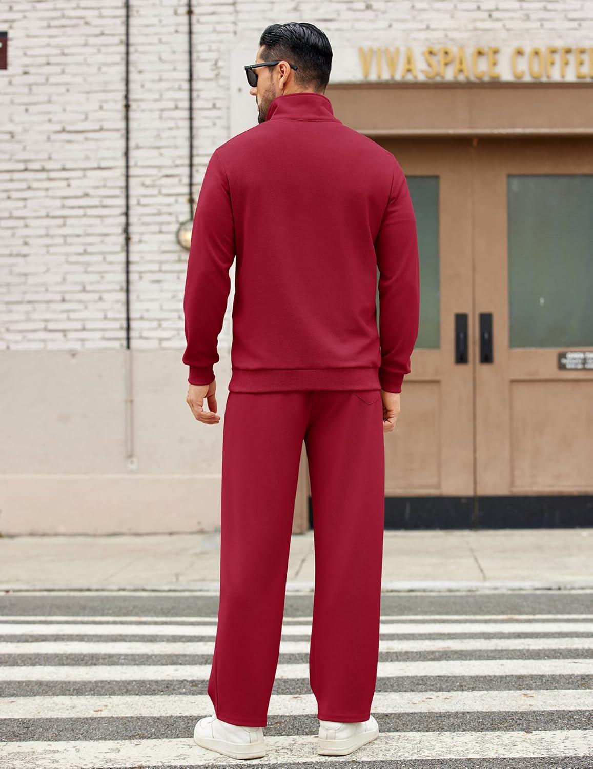 imageCOOFANDY Mens Sweatsuits 2 Piece Set Quarter Zip Pullover with Wide Leg Sweatpants Matching TracksuitDeep Red