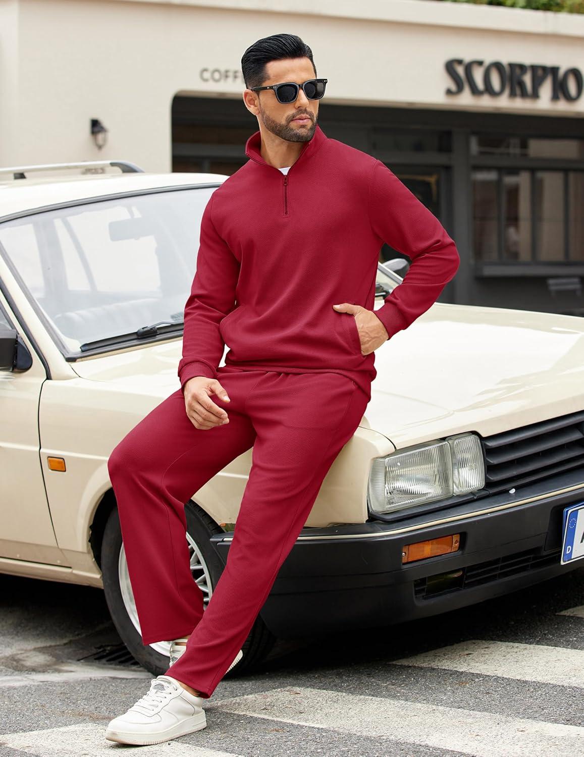 imageCOOFANDY Mens Sweatsuits 2 Piece Set Quarter Zip Pullover with Wide Leg Sweatpants Matching TracksuitDeep Red