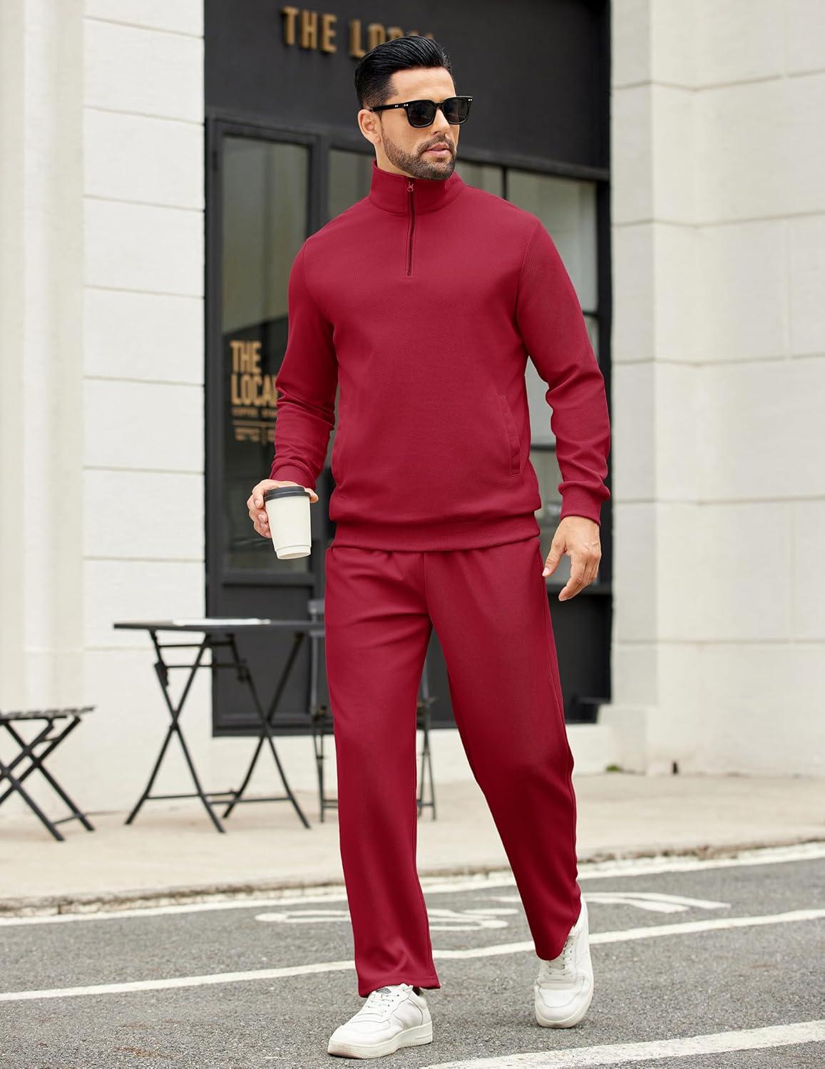 imageCOOFANDY Mens Sweatsuits 2 Piece Set Quarter Zip Pullover with Wide Leg Sweatpants Matching TracksuitDeep Red