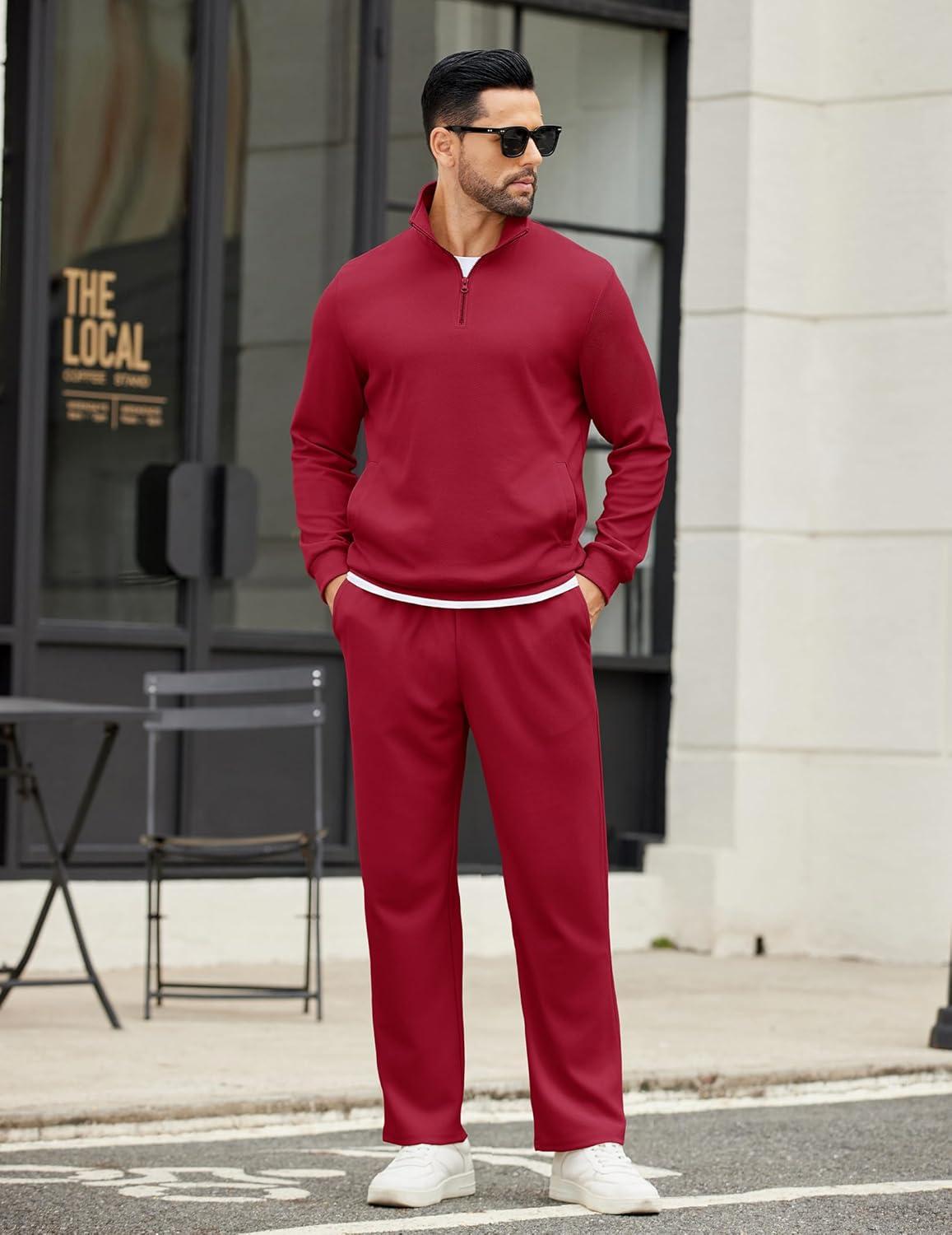 imageCOOFANDY Mens Sweatsuits 2 Piece Set Quarter Zip Pullover with Wide Leg Sweatpants Matching TracksuitDeep Red