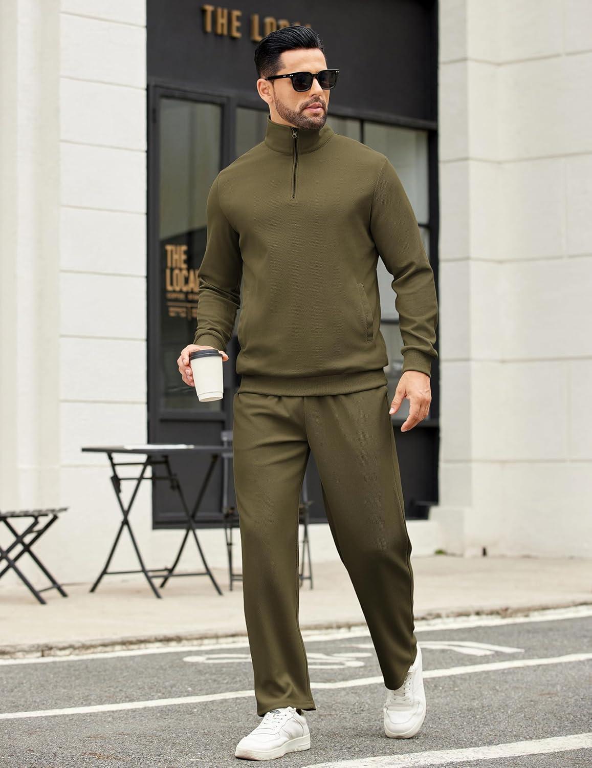 imageCOOFANDY Mens Sweatsuits 2 Piece Set Quarter Zip Pullover with Wide Leg Sweatpants Matching TracksuitOlive Green