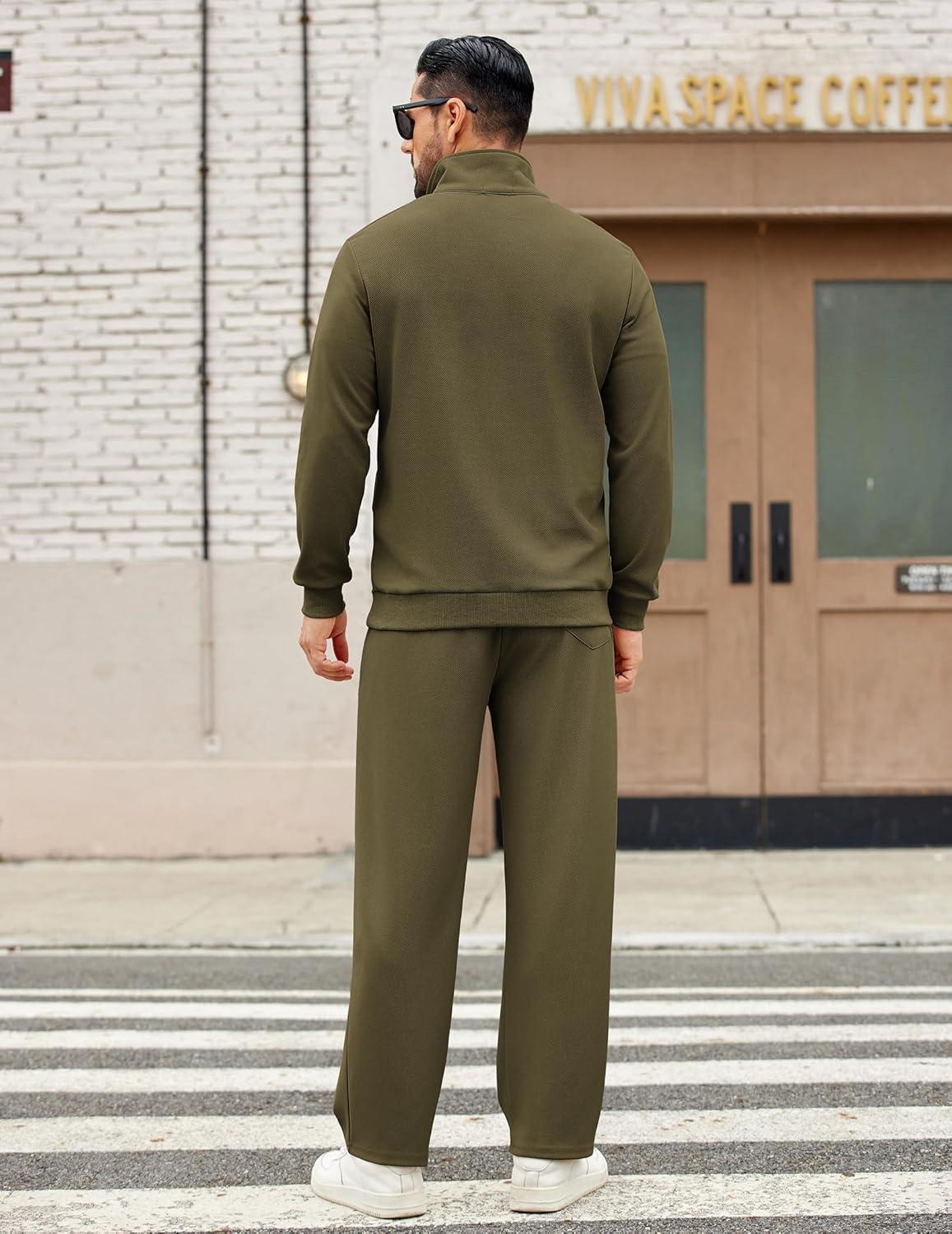 imageCOOFANDY Mens Sweatsuits 2 Piece Set Quarter Zip Pullover with Wide Leg Sweatpants Matching TracksuitOlive Green