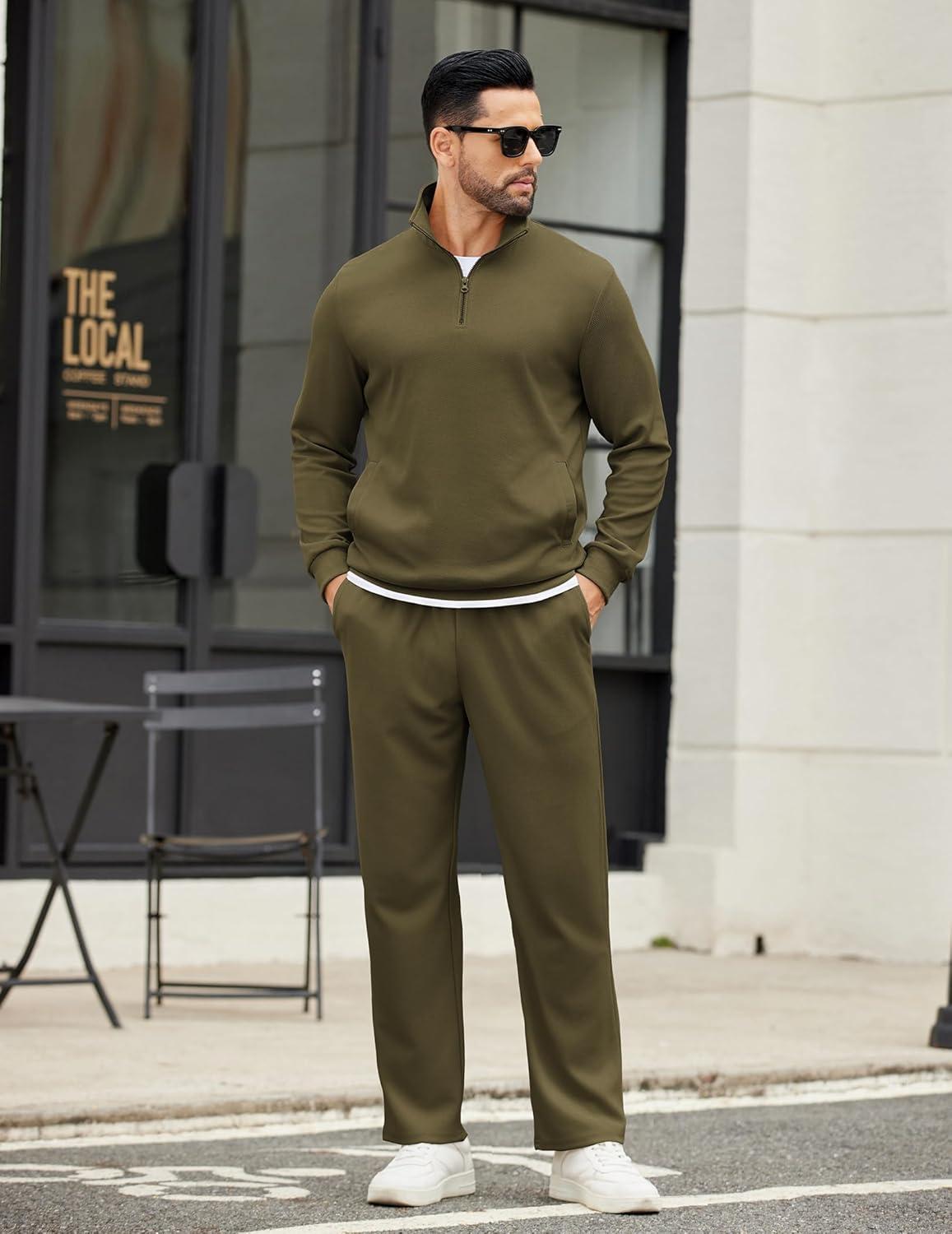 imageCOOFANDY Mens Sweatsuits 2 Piece Set Quarter Zip Pullover with Wide Leg Sweatpants Matching TracksuitOlive Green