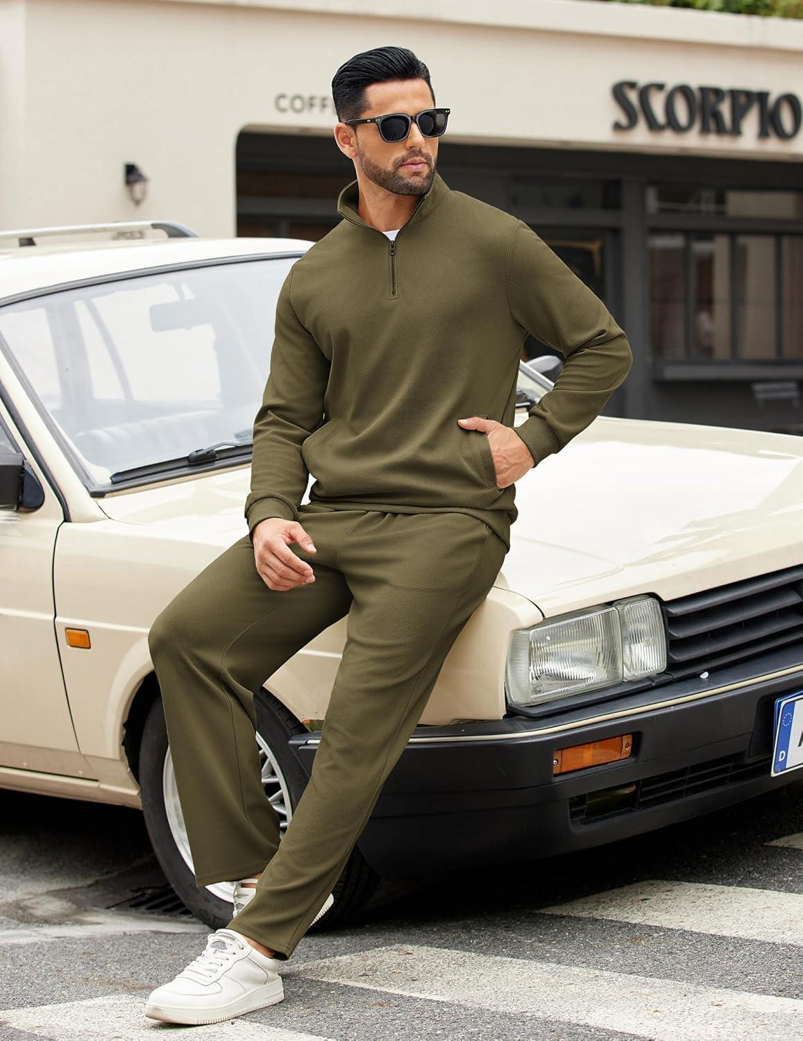 imageCOOFANDY Mens Sweatsuits 2 Piece Set Quarter Zip Pullover with Wide Leg Sweatpants Matching TracksuitOlive Green