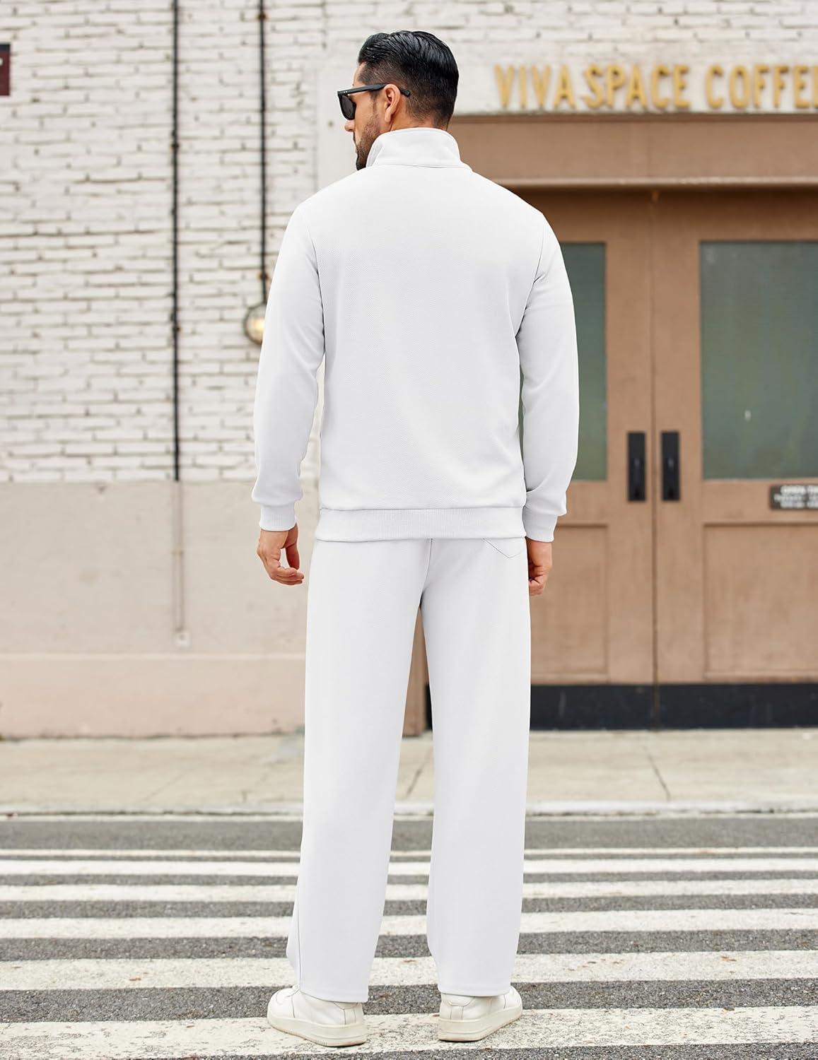 imageCOOFANDY Mens Sweatsuits 2 Piece Set Quarter Zip Pullover with Wide Leg Sweatpants Matching TracksuitWhite