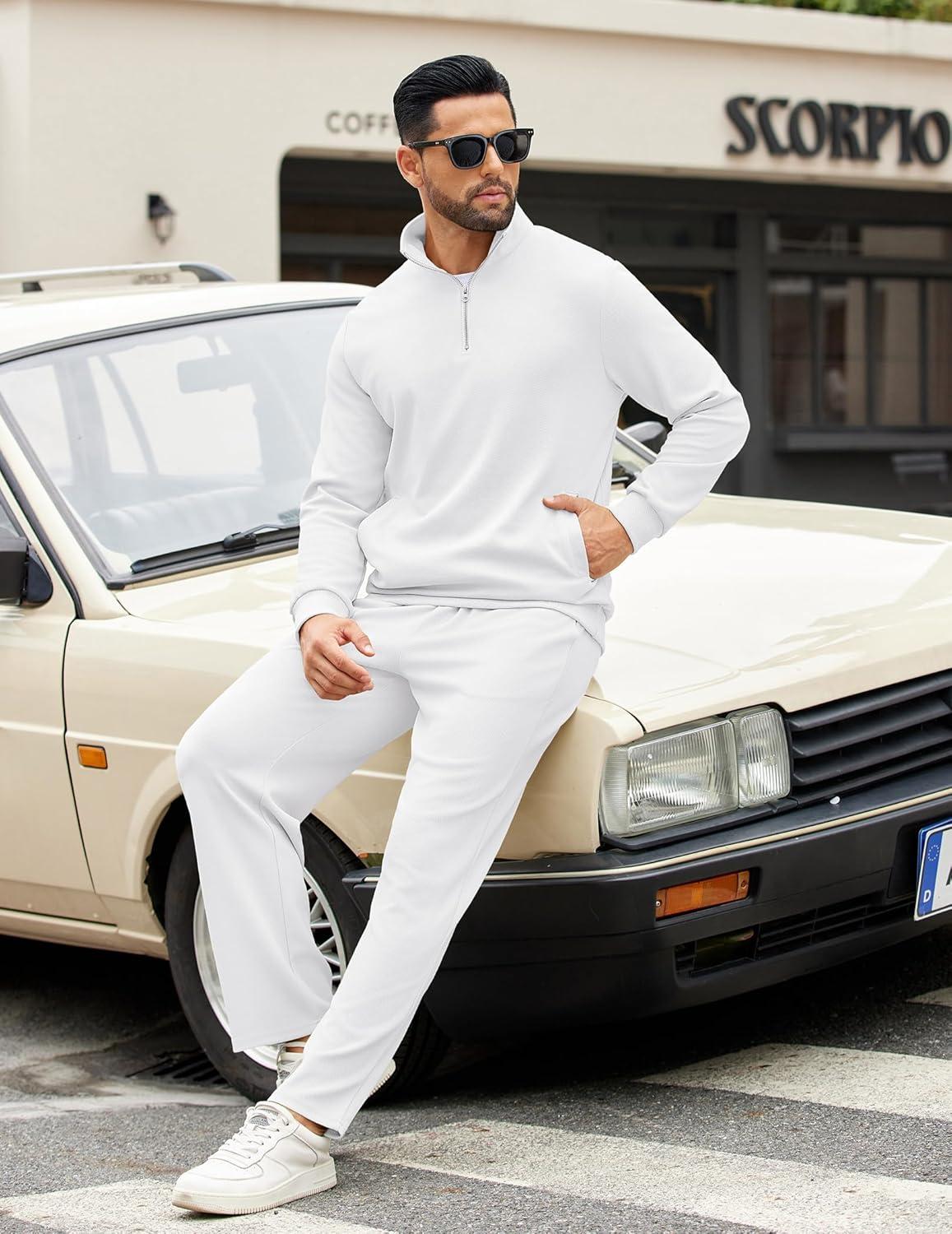 imageCOOFANDY Mens Sweatsuits 2 Piece Set Quarter Zip Pullover with Wide Leg Sweatpants Matching TracksuitWhite