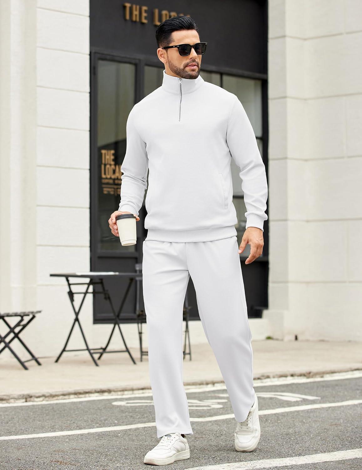 imageCOOFANDY Mens Sweatsuits 2 Piece Set Quarter Zip Pullover with Wide Leg Sweatpants Matching TracksuitWhite