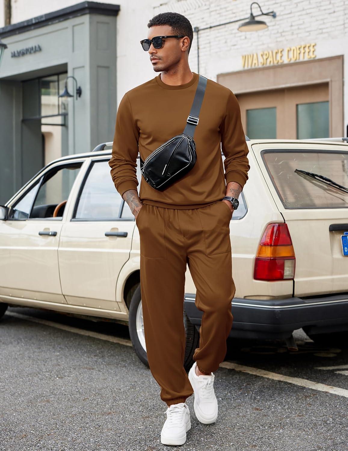 imageCOOFANDY Mens Tracksuit 2 Piece Sweatsuit Set Long Sleeve Pullover Athletic Suit For Sports Casual Fitness JoggingBrown