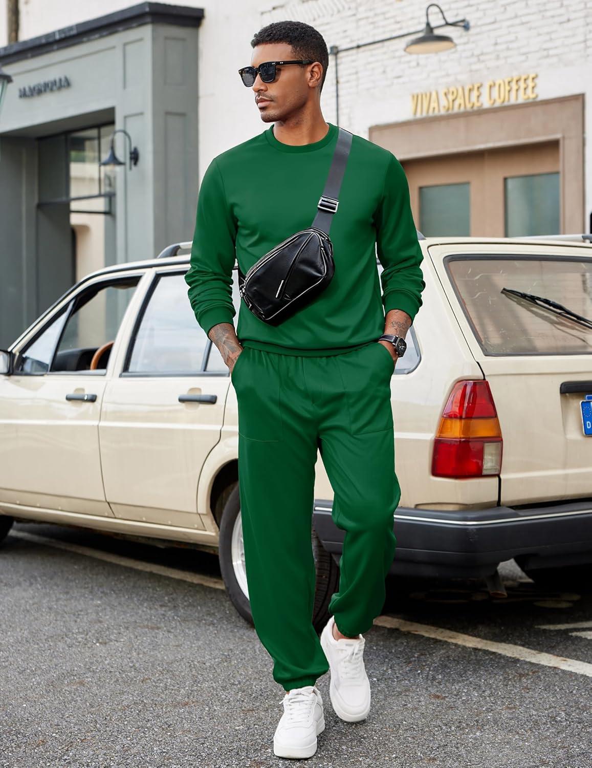 imageCOOFANDY Mens Tracksuit 2 Piece Sweatsuit Set Long Sleeve Pullover Athletic Suit For Sports Casual Fitness JoggingDeep Green