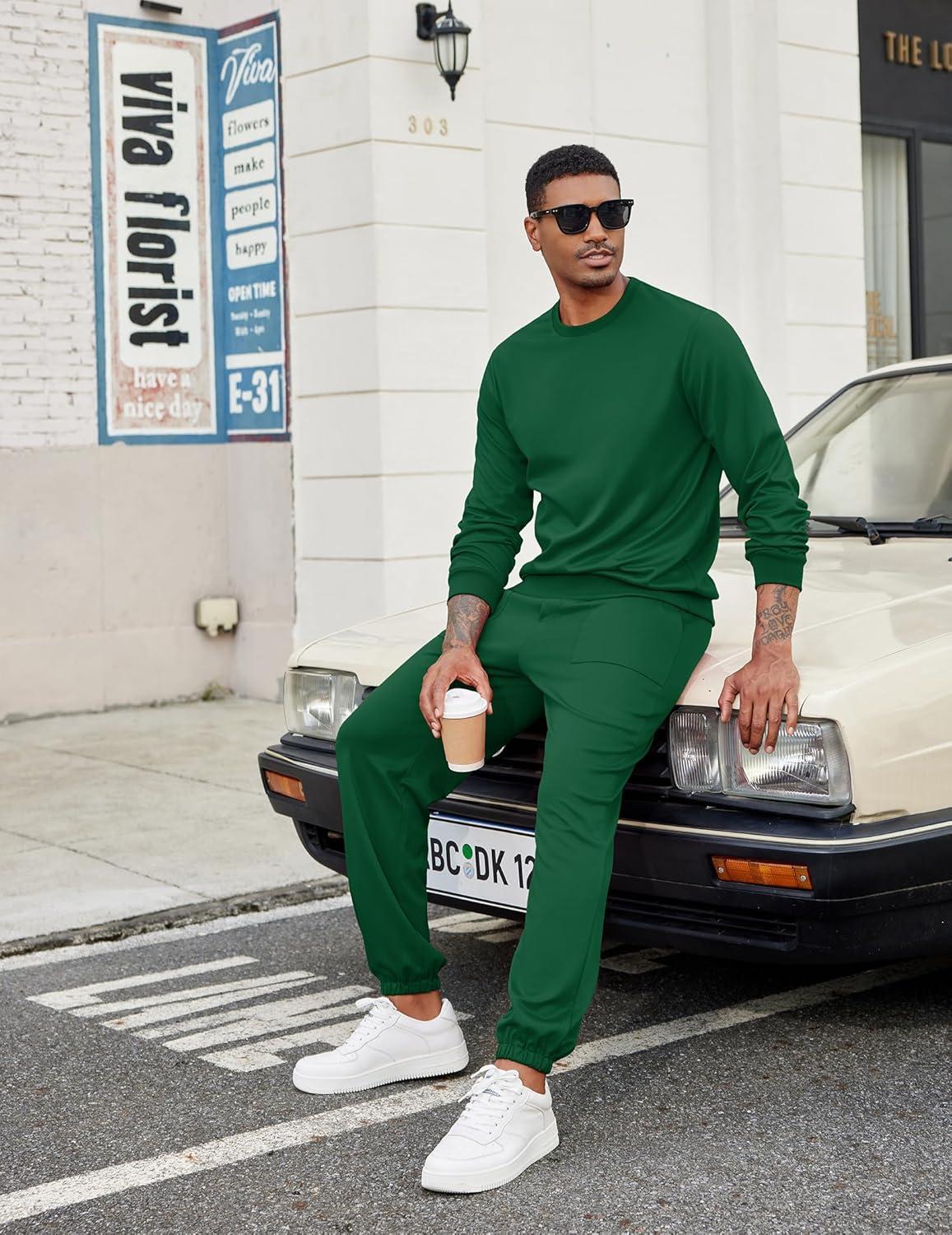 imageCOOFANDY Mens Tracksuit 2 Piece Sweatsuit Set Long Sleeve Pullover Athletic Suit For Sports Casual Fitness JoggingDeep Green