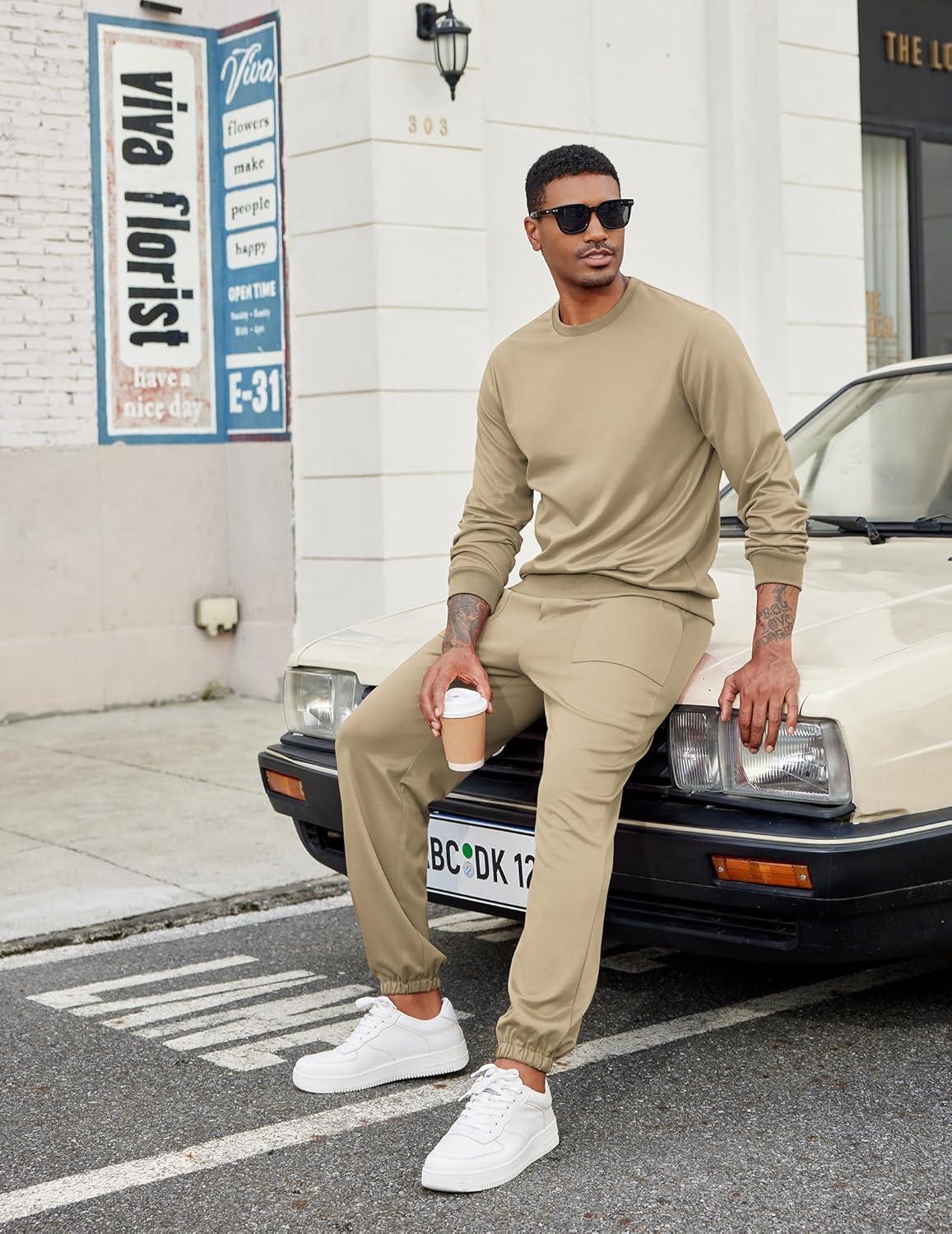 imageCOOFANDY Mens Tracksuit 2 Piece Sweatsuit Set Long Sleeve Pullover Athletic Suit For Sports Casual Fitness JoggingKhaki