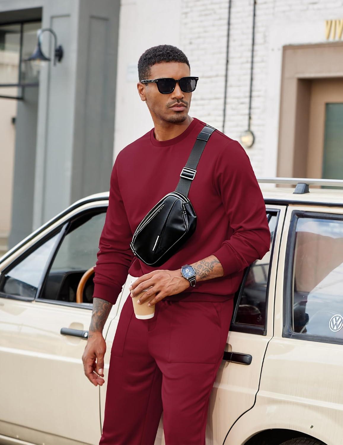 imageCOOFANDY Mens Tracksuit 2 Piece Sweatsuit Set Long Sleeve Pullover Athletic Suit For Sports Casual Fitness JoggingStyle Bwine Red