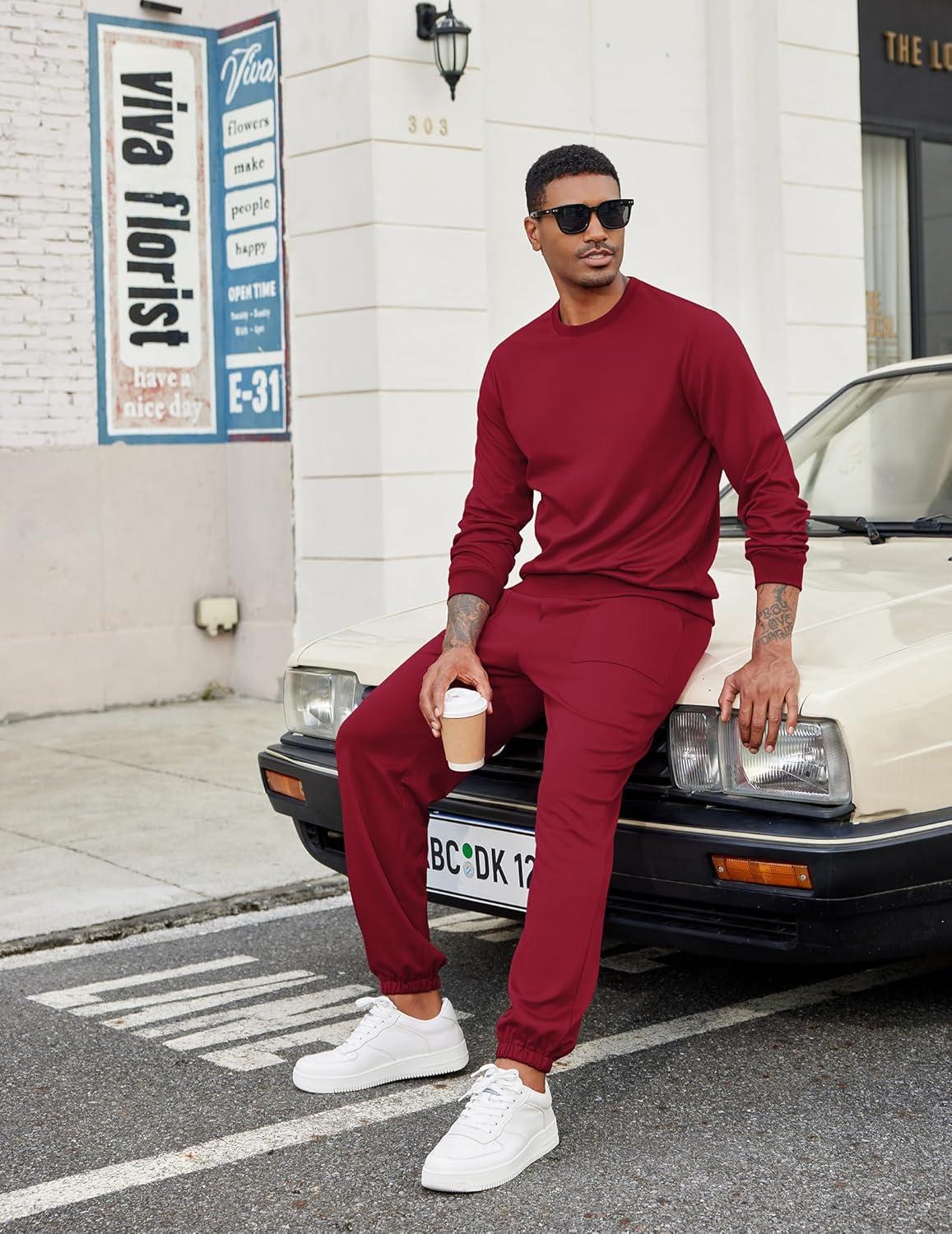 imageCOOFANDY Mens Tracksuit 2 Piece Sweatsuit Set Long Sleeve Pullover Athletic Suit For Sports Casual Fitness JoggingStyle Bwine Red