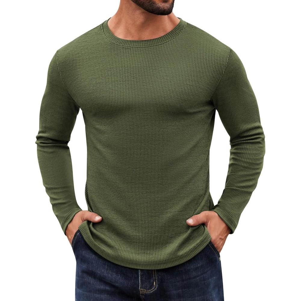 imageCOOFANDY Crewneck Sweaters for Men Slim Fit Long Sleeve Pullover Sweater Ribbed Knitted Lightweight TopsArmy Green
