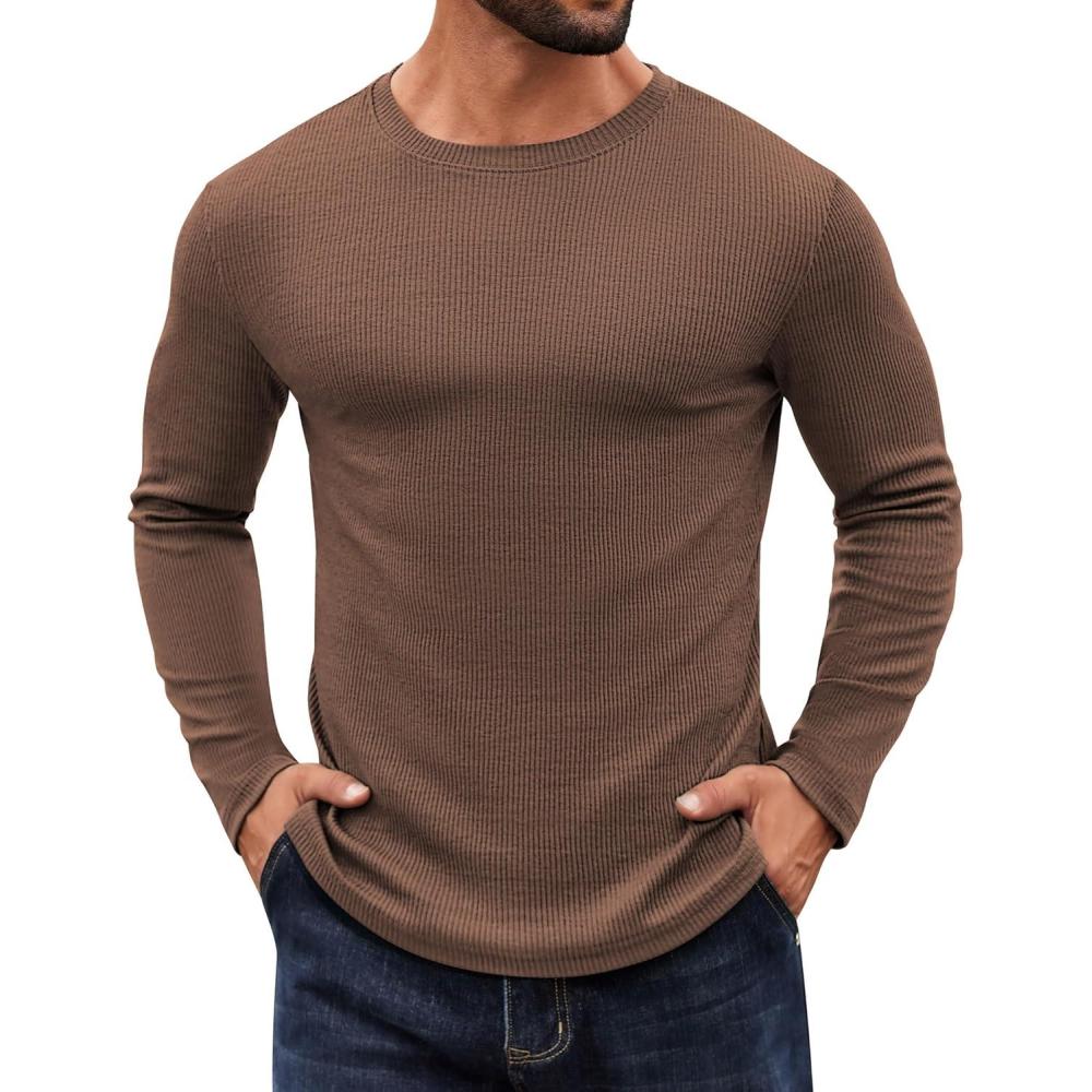 imageCOOFANDY Crewneck Sweaters for Men Slim Fit Long Sleeve Pullover Sweater Ribbed Knitted Lightweight TopsBrown