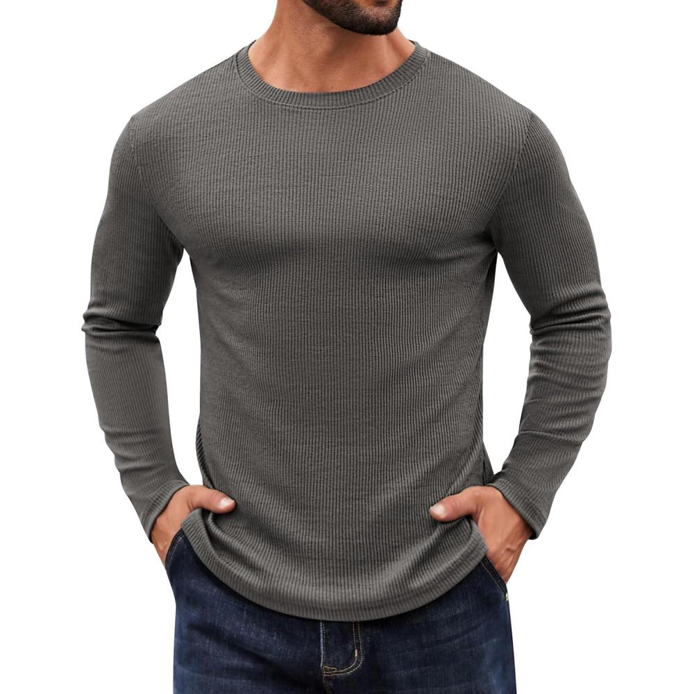 imageCOOFANDY Crewneck Sweaters for Men Slim Fit Long Sleeve Pullover Sweater Ribbed Knitted Lightweight TopsDark Grey