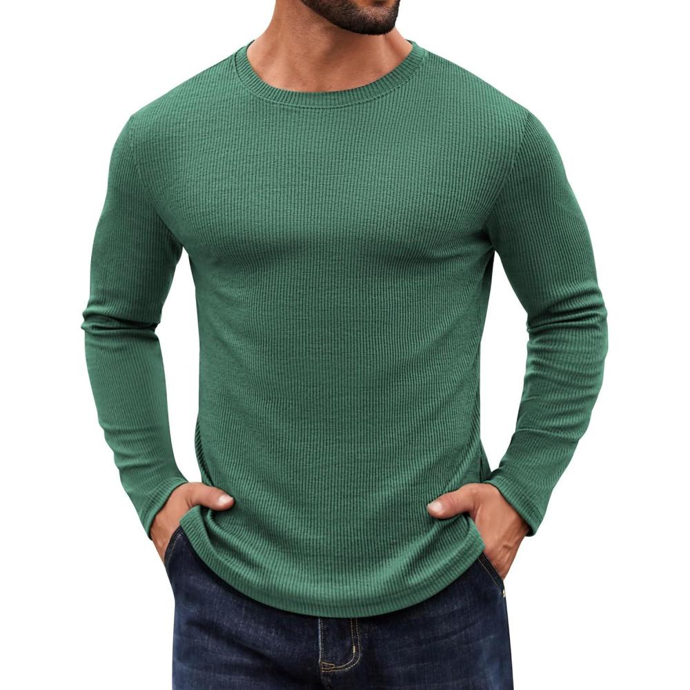 imageCOOFANDY Crewneck Sweaters for Men Slim Fit Long Sleeve Pullover Sweater Ribbed Knitted Lightweight TopsGreen