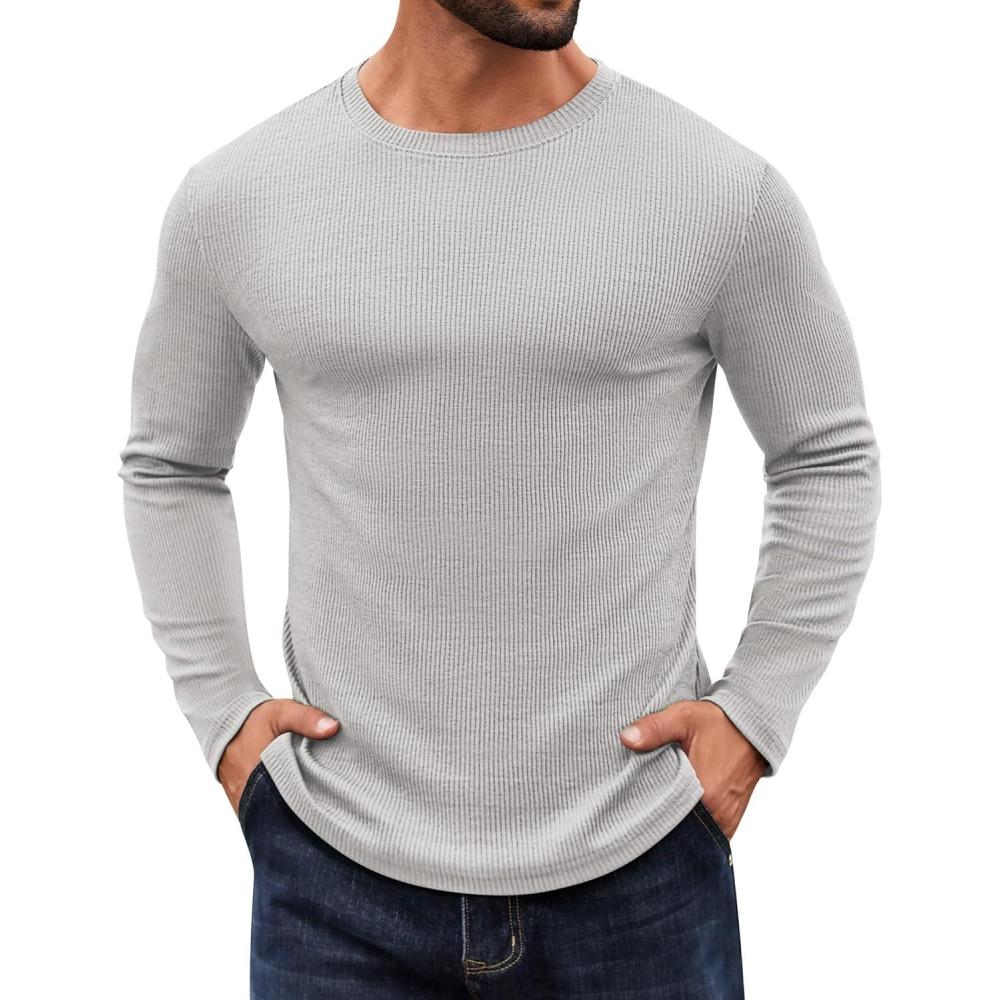 imageCOOFANDY Crewneck Sweaters for Men Slim Fit Long Sleeve Pullover Sweater Ribbed Knitted Lightweight TopsLight Grey