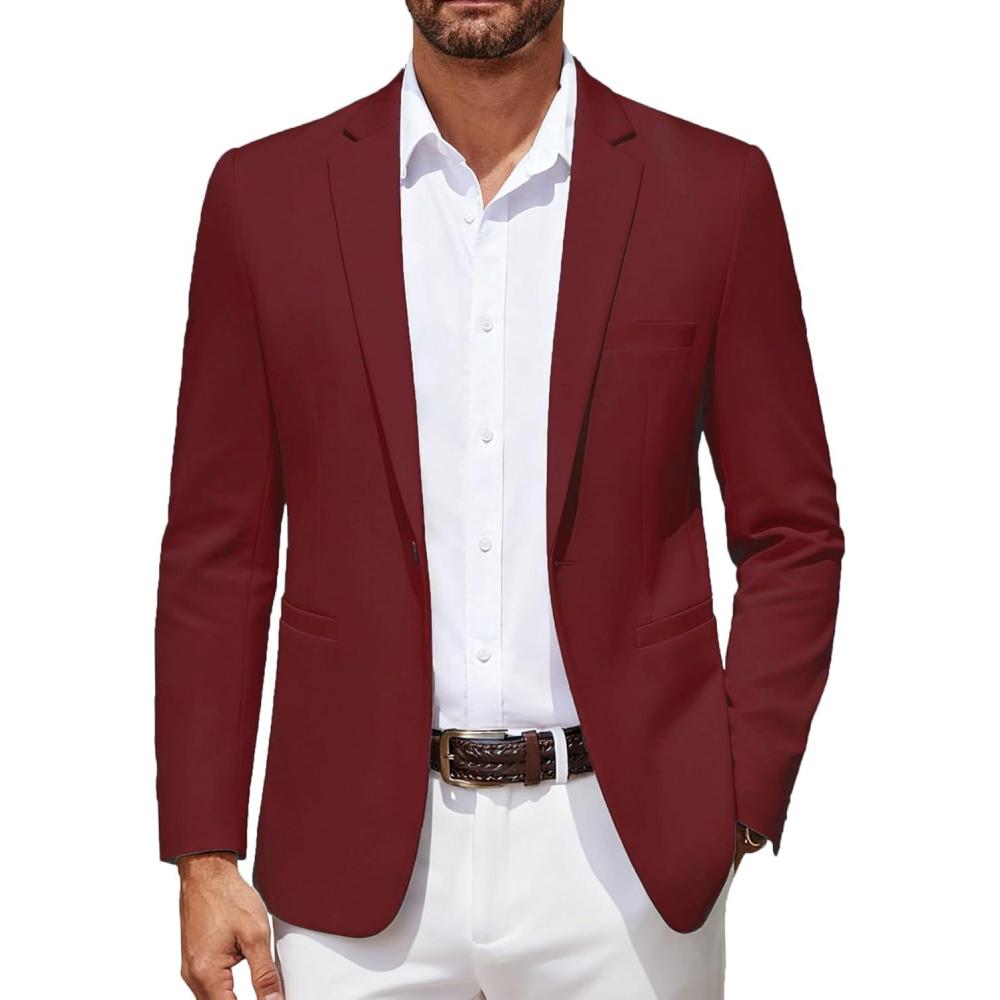 imageCOOFANDY Mens Blazer Casual Suit Jacket Slim Fit One Button Sport Coats Lightweight Sports JacketWine Red