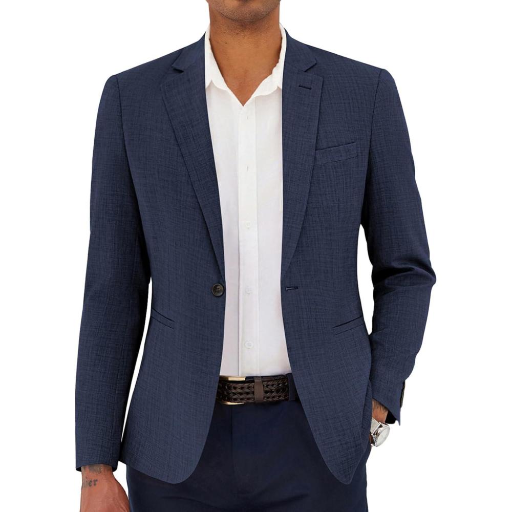 imageCOOFANDY Mens Casual Blazer Slim Fit Lightweight Sport Coat One Button Suit JacketNavy Blue